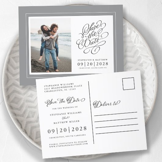 写真は日付を保存グレーと白エレガントな結婚式 案内ポストカード
