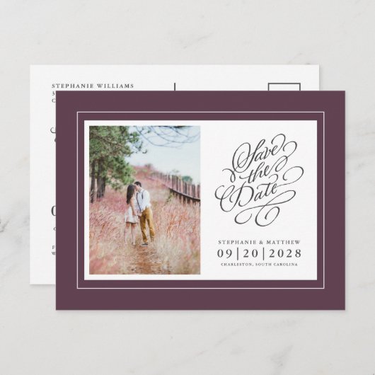 写真は日付を保存パープルシックエレガントな結婚式 案内ポストカード (正面/裏面)