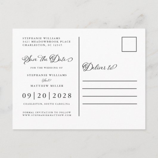 写真は日付を保存パープルシックエレガントな結婚式 案内ポストカード (裏面)