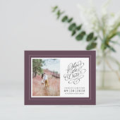 写真は日付を保存パープルシックエレガントな結婚式 案内ポストカード (スタンド正面)