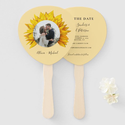写真ひまわり素朴な結婚式は日付を保存 ハンドファン (正面&裏面)