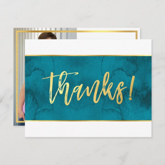 写真をありがとう モダン ターコイズブルー ゴールド スクリプト サンキューカード (正面/裏面)