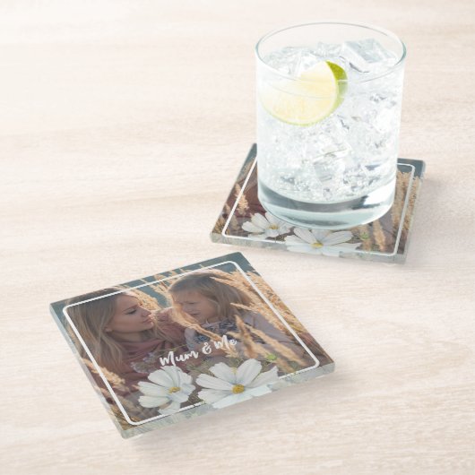 写真をカスタマイズする白いCosmosの四角い枠 ガラスコースター (アングル)