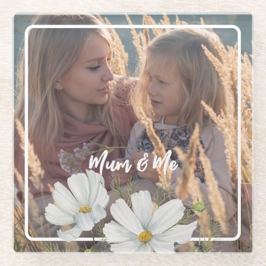 写真をカスタマイズする白いCosmosの四角い枠 ガラスコースター (正面)