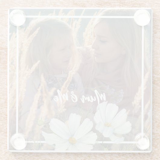 写真をカスタマイズする白いCosmosの四角い枠 ガラスコースター (裏面)