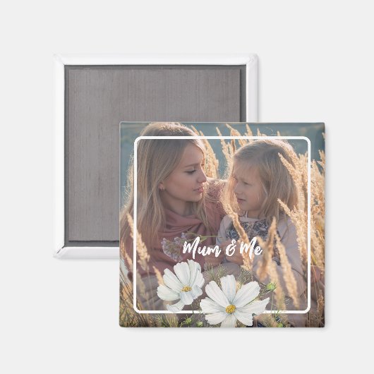 写真をカスタマイズする白いCosmosの四角い枠 マグネット (正面/裏面)