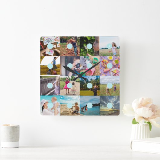 写真をカスタマイズ可能な16個のコラージュ時計を追加 スクエア壁時計 (ホーム)