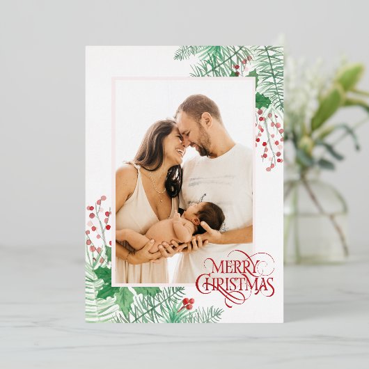写真をカスタマイズ 赤 メリークリスマス 箔シーズンカード (立ち正面)