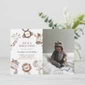 写真をテーマにしたサファリの動物1歳の誕生日 招待状 (スタンド正面)