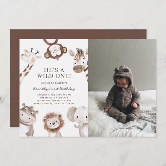 写真をテーマにしたサファリの動物1歳の誕生日 招待状 (正面/裏面)
