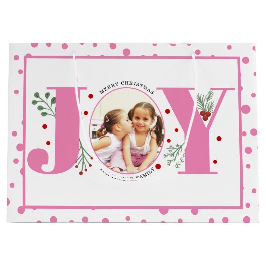 写真をピンク色のJOYと水玉模様に追加 ラージペーパーバッグ (正面)