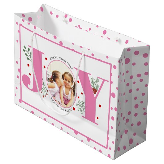 写真をピンク色のJOYと水玉模様に追加 ラージペーパーバッグ (正面アングル)