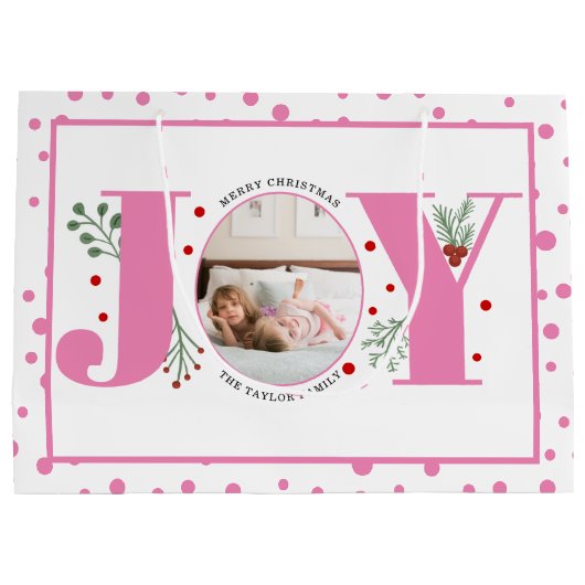 写真をピンク色のJOYと水玉模様に追加 ラージペーパーバッグ (裏面)