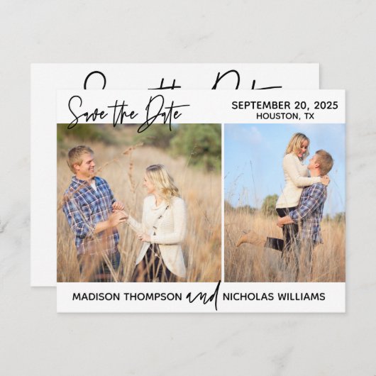 写真を使った「Save the Date」カード(2枚の写真付き) セーブザデート (正面/裏面)