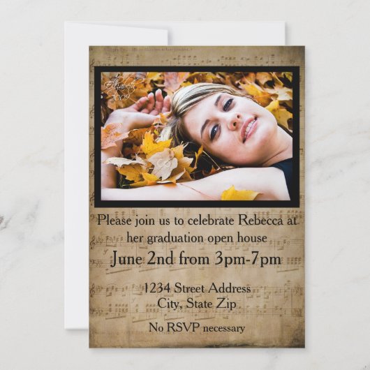 写真を使用した楽譜の卒業発表 招待状 (裏面)