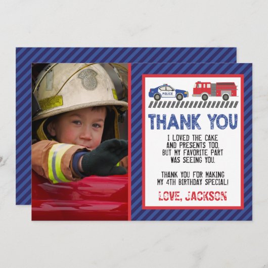 写真を使用した警察と火災のサンキューカード 招待状 (正面/裏面)