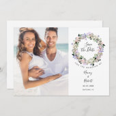 写真を保存する日付の水色フローラガーランド 招待状 (正面/裏面)