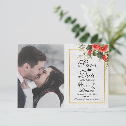 写真を保存する日付の赤い金ゴールドの結婚クリスマス セーブザデート (スタンド正面)