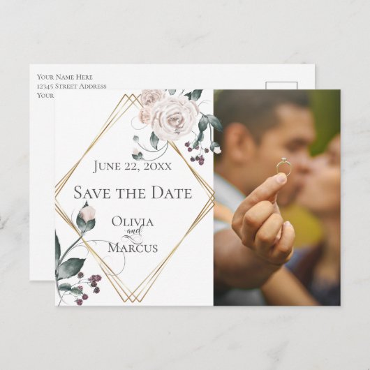 写真を保存する日付淡い色の赤面バラ水色 ポストカード (正面/裏面)