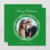 写真を囲むグリーンの葉のリース シーズンカード (正面/裏面)