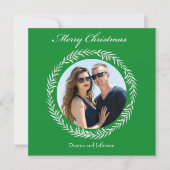 写真を囲むグリーンの葉のリース シーズンカード (正面)