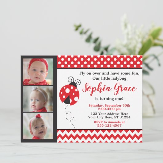 写真を持つてんとう虫の誕生日の招待状 招待状 (スタンド正面)