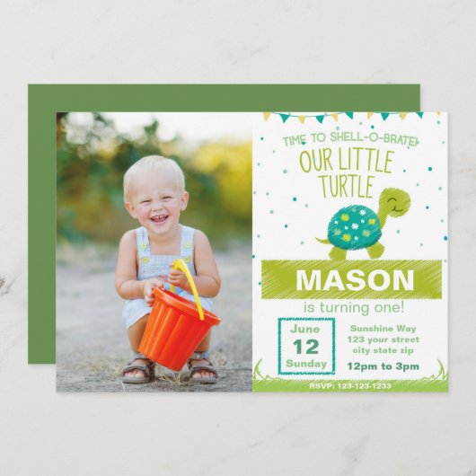 写真を持つアオウミガメの誕生日の招待状 招待状 (正面/裏面)