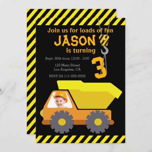写真を持つダンプトラックの誕生日のパーティの招待状 招待状 (正面/裏面)