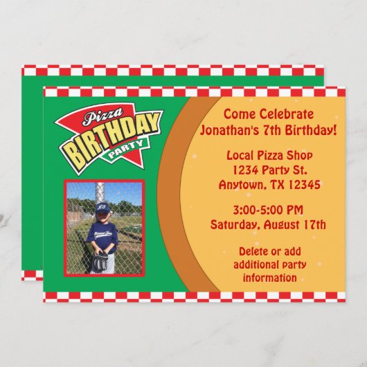 写真を持つピザ誕生日のパーティの招待状 招待状 (正面/裏面)