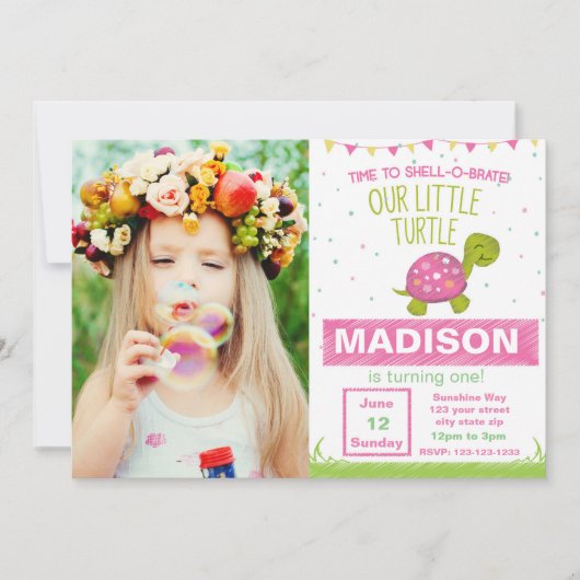 写真を持つピンクのカメの誕生日の招待状 招待状 (正面)