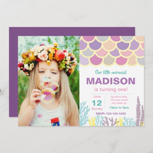 写真を持つ人魚の誕生日の招待状 招待状 (正面/裏面)
