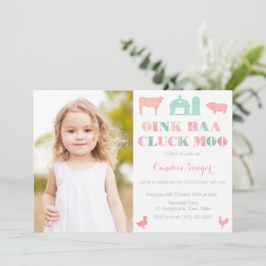 写真を持つ少女のための動物園のパーティーを盗む家畜 招待状 (スタンド正面)