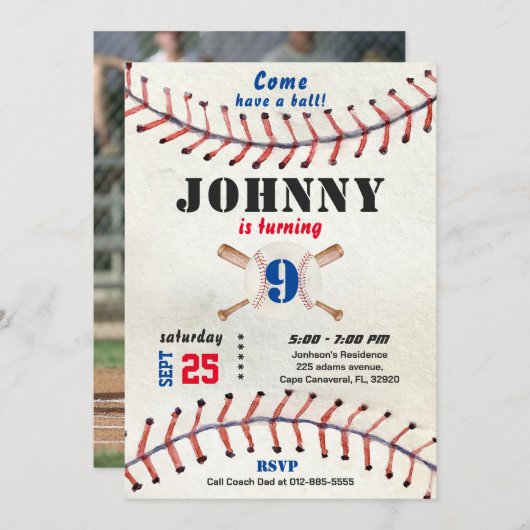 写真を持つ少年のための野球の誕生日の招待 招待状 (正面/裏面)