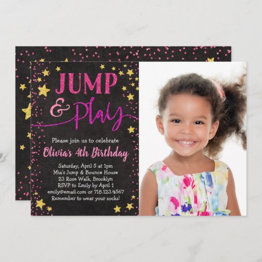 写真を持つ誕生日の招待状を跳んで下さい及び遊んで下さい 招待状 (正面/裏面)