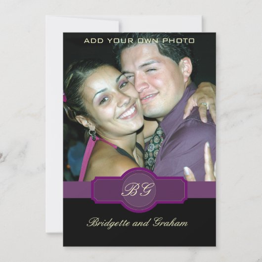 写真を持つ黒い紫色の結婚式招待状 招待状 (正面)