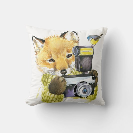写真を撮っているかわいい水彩画のキツネ クッション (正面)