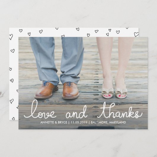 写真を結婚する愛および感謝の白いタイポグラフィ サンキューカード (正面/裏面)