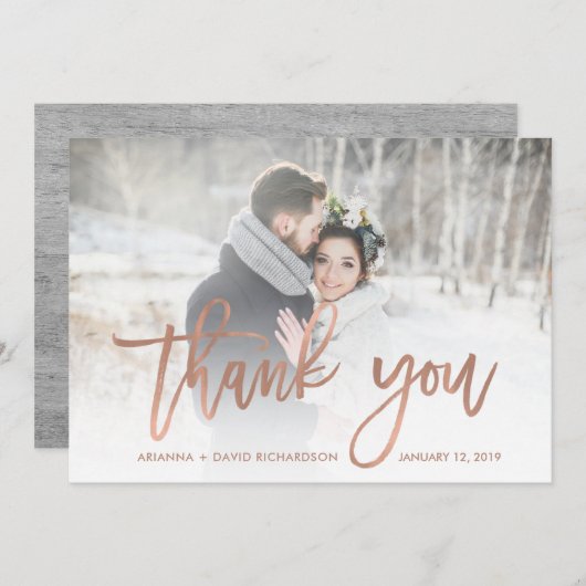 写真を結婚する素朴な感謝|ののどのばら色の金ゴールド サンキューカード (正面/裏面)