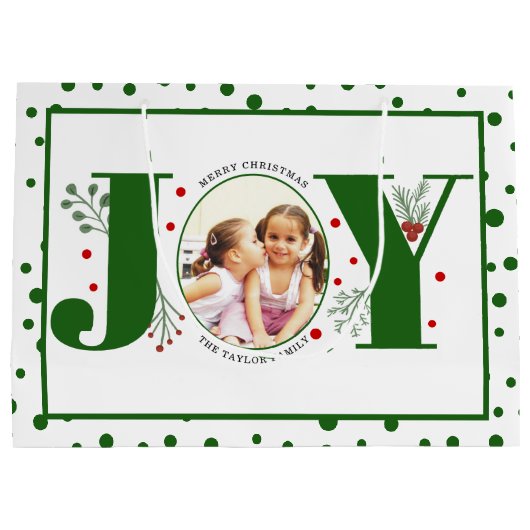 写真を緑のJOYと水玉模様に追加 ラージペーパーバッグ (裏面)