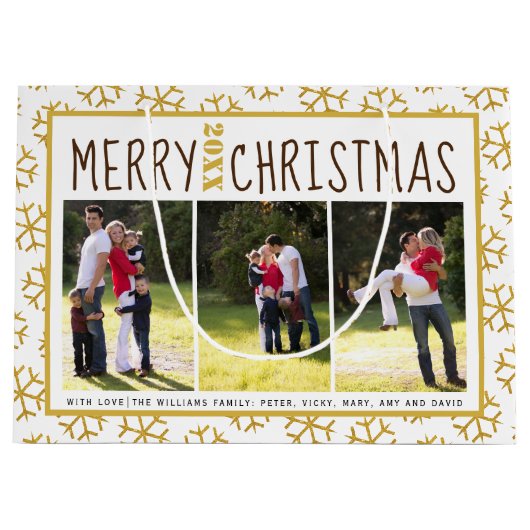 写真を追加するクリスマス金ゴールドグリッタースノーフレーク ラージペーパーバッグ (正面)