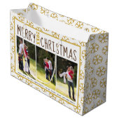 写真を追加するクリスマス金ゴールドグリッタースノーフレーク ラージペーパーバッグ (正面アングル)