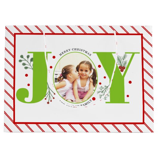 写真を追加するライムグリーンJOYと赤いストライプ ラージペーパーバッグ (正面)