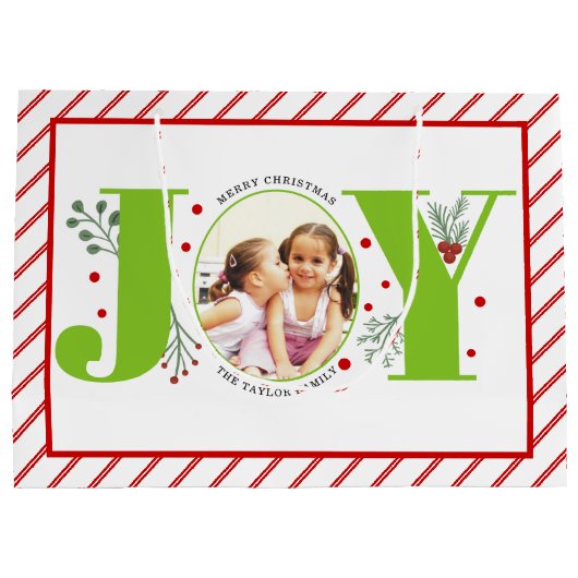 写真を追加するライムグリーンJOYと赤いストライプ ラージペーパーバッグ (裏面)