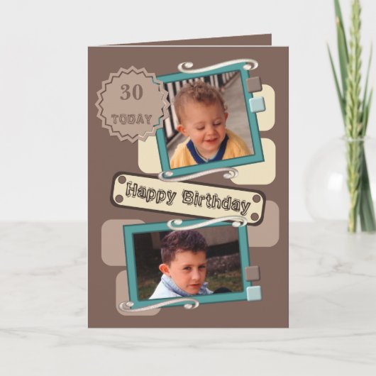 写真を追加男性へブラウンターコイズ30th Birthday カード (正面)