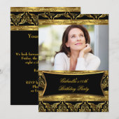 写真を追加 黒 ダマスク ゴールド 誕生日パーティー 招待状 (正面/裏面)