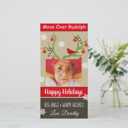 写真を追加"Move Over Rudolph"クリスマスおもしろい シーズンカード (スタンド正面)