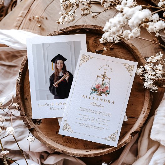 写真を飾る ブッシュ ピンク フローラル ロースクール 卒業式 招待状
