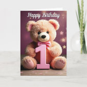 写真アップロードかわいいテディベアーガール1st Birthday カード (正面)