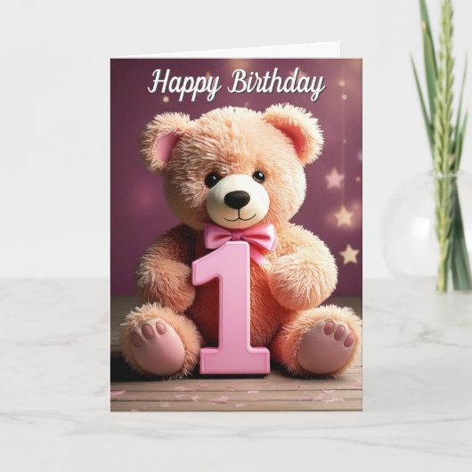 写真アップロードかわいいテディベアーガール1st Birthday カード (正面)