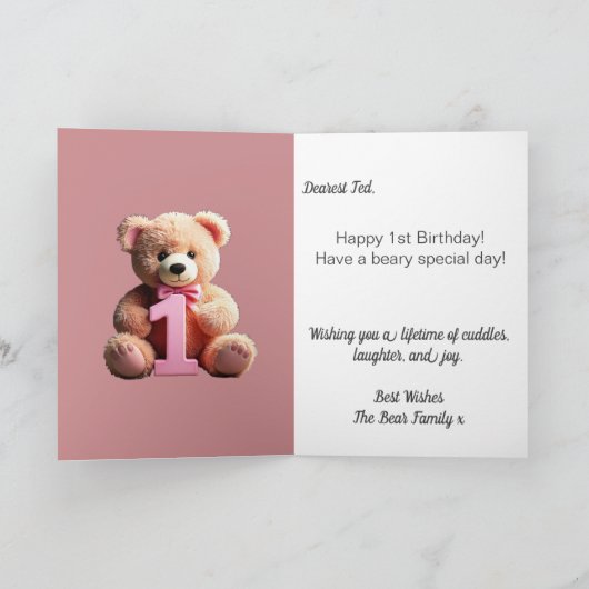 写真アップロードかわいいテディベアーガール1st Birthday カード (内部)